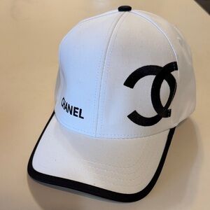 CHANEL White Cap with Black Logo